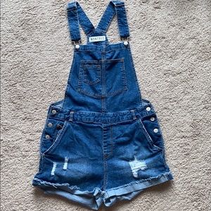 Distressed denim overall shorts